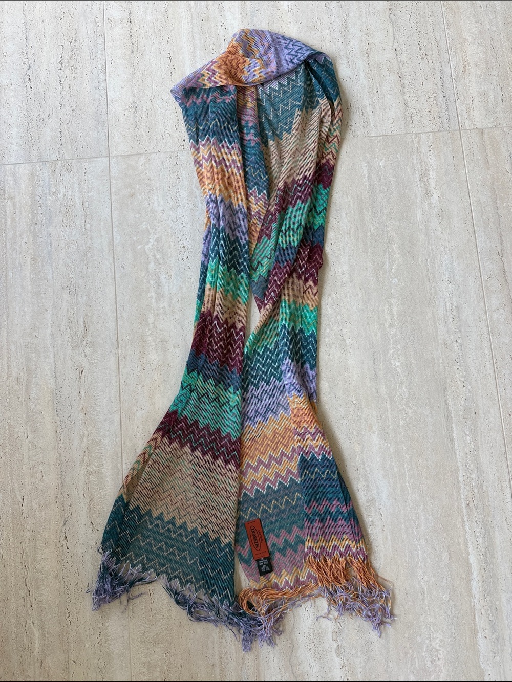 Missoni Zigzag Fringe Wool-Blend Scarf in Teal, Purple, Gold - Picture 2 of 4
